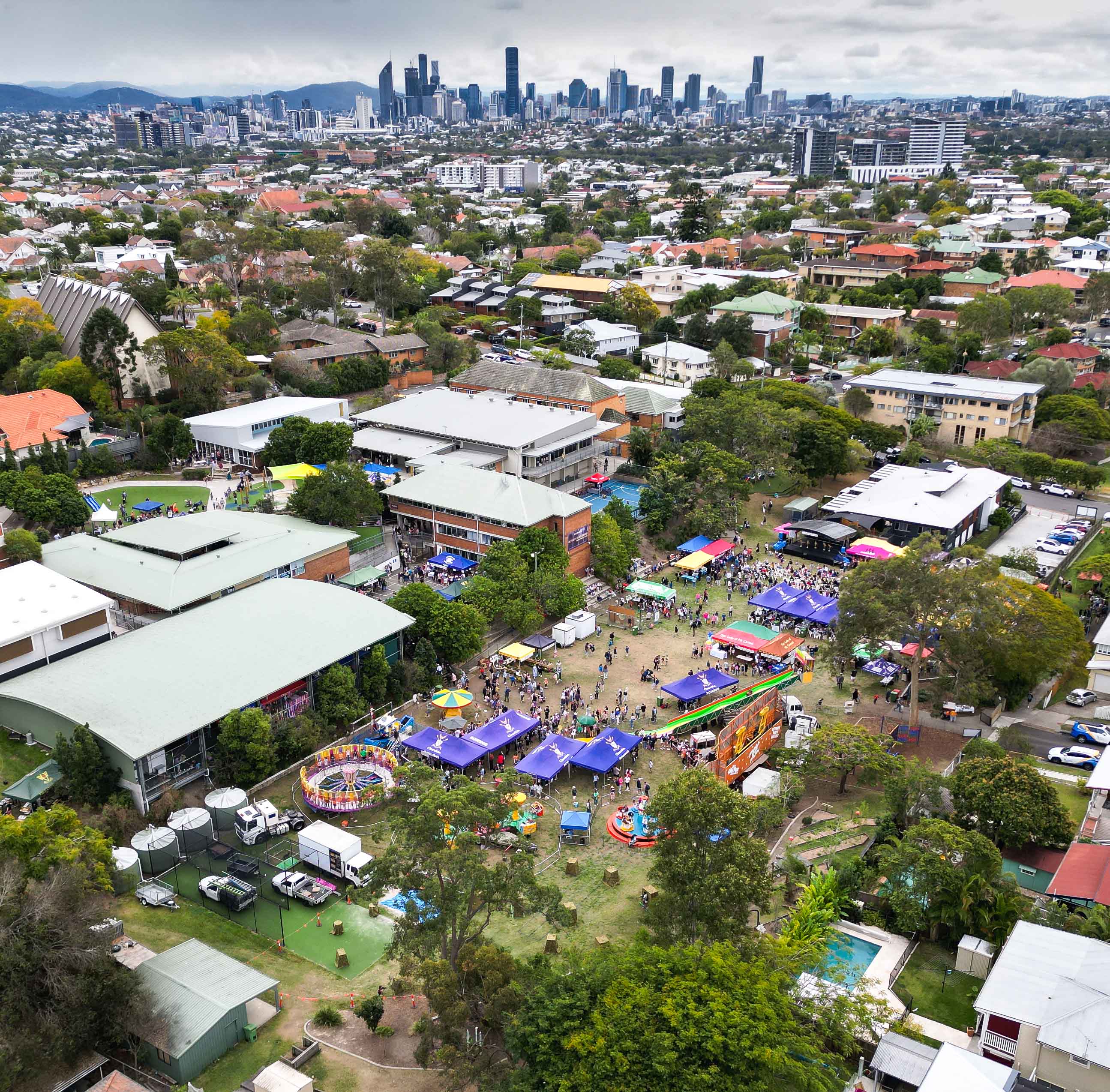Aerial view of a school fair on campus.